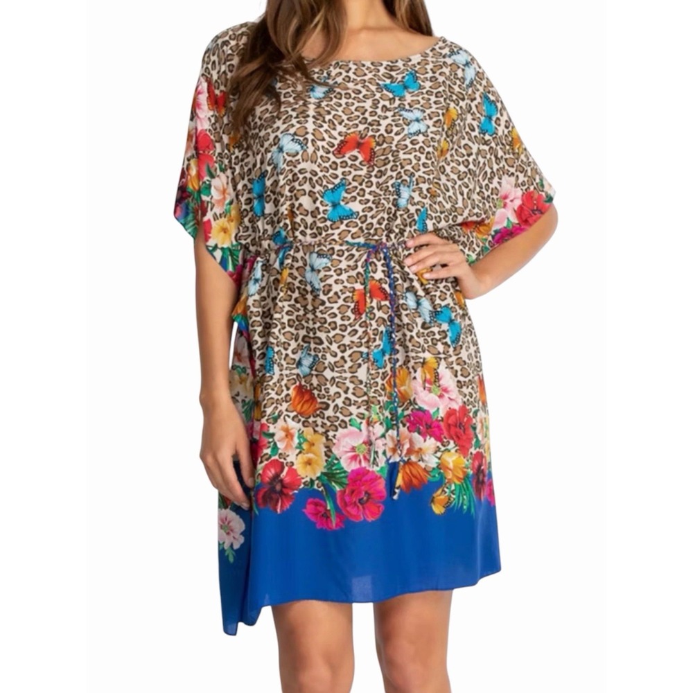 Johnny Was Fleur Kaftan Dress Braided Tie Size XL Butterflies Flowers Cheetah